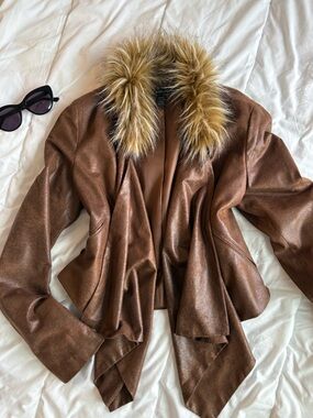 Brown Faux Leather Draped Jacket Fur Collar Asymmetrical Women's Size Small INC